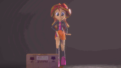 Size: 400x225 | Tagged: safe, artist:creatorofpony, artist:maetrome, sunset shimmer, equestria girls, g4, 3d, adorasexy, animated, boots, box, clothes, cute, female, high heel boots, jacket, leather jacket, legs, sexy, skirt, skirt lift, source filmmaker