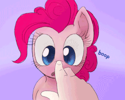 Size: 540x432 | Tagged: dead source, safe, artist:surgicalarts, pinkie pie, human, pony, g4, :o, animated, boop, cross-eyed, cute, diapinkes, female, hand, looking at you, mare, offscreen character, open mouth, pov, smiling