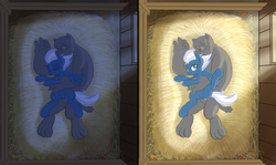 Size: 3350x2000 | Tagged: safe, artist:lemon, night glider, diamond dog, pegasus, pony, g4, barn, bedroom eyes, cuddling, cute, day, eyes closed, glideabetes, hay, high res, hug, night, on side, smiling, snuggling, spread legs, spread wings, spreading, underhoof, window