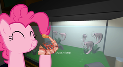 Size: 1740x960 | Tagged: safe, pinkie pie, pony, shrimp, g4, eyes closed, female, mare, ponies eating meat, ponies eating seafood, predation, solo, the static speaks my name, this will end in tears and/or death