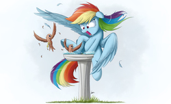 Size: 3000x1818 | Tagged: safe, artist:ncmares, rainbow dash, bird, pegasus, pony, g4, angry, behaving like a bird, birb, bird bath, chest fluff, feather, female, floppy ears, fluffy, frown, glare, gradient background, majestic as fuck, mare, nose wrinkle, open mouth, partially open wings, rainbird dash, rainbow bird, simple background, sitting, spread wings, underhoof, wallpaper, white background, wide eyes, wings