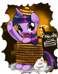 Size: 1400x1800 | Tagged: safe, artist:hoyeechun, twilight sparkle, alicorn, pony, castle sweet castle, g4, blushing, butter, cute, female, i'm pancake, looking at you, mare, open mouth, pancakes, sitting, smiling, solo, twiabetes, twilight sparkle (alicorn), underhoof, whipped cream