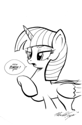 Size: 786x1200 | Tagged: safe, artist:boxedsurprise, twilight sparkle, alicorn, pony, g4, butt wings, female, lineart, mare, monochrome, offended, sketch, solo, twilight sparkle (alicorn)