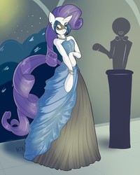 Size: 1024x1280 | Tagged: safe, artist:helixjack, rarity, human, g4, arm hooves, clothes, cosplay, costume, dress, encasement, gown, latex, latex suit, mittens, ponysuit