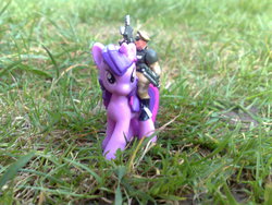 Size: 2592x1944 | Tagged: safe, twilight sparkle, human, g4, blind bag, crossover, figurine, gaming miniature, grass, humans riding ponies, imperial guard, irl, miniature, model, photo, riding, toy, warhammer (game), warhammer 40k