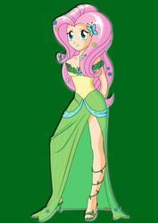 Size: 3606x5100 | Tagged: safe, artist:rexpony, fluttershy, human, g4, clothes, dress, female, gala dress, green background, high heels, humanized, simple background, solo