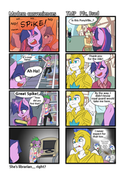 Size: 2480x3508 | Tagged: safe, artist:wookylee, berry punch, berryshine, lyra heartstrings, roseluck, spike, twilight sparkle, earth pony, anthro, g4, 4koma, comic, high res, royal guard