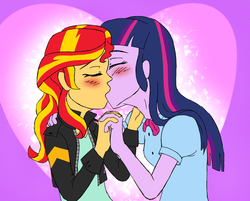 Size: 973x781 | Tagged: safe, artist:catlover1672, sunset shimmer, twilight sparkle, human, equestria girls, g4, my little pony equestria girls: rainbow rocks, blushing, bowtie, clothes, duo, eyes closed, female, heart, holding hands, jacket, kiss on the lips, kissing, leather jacket, lesbian, purple background, ship:sunsetsparkle, shipping, simple background, twilight sparkle (alicorn)