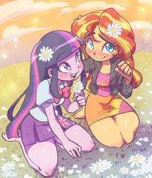 Size: 600x700 | Tagged: dead source, safe, artist:jirousan, sunset shimmer, twilight sparkle, equestria girls, g4, my little pony equestria girls: rainbow rocks, barefoot, blushing, clothes, cute, duo, feet, female, flower, flower in hair, grass, kneeling, lesbian, missing shoes, open mouth, outdoors, shimmerbetes, ship:sunsetsparkle, shipping, smiling, twilight sparkle (alicorn), wavy mouth