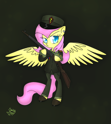 Size: 1703x1890 | Tagged: safe, artist:smartypurple, fluttershy, pony, g4, bipedal, clothes, female, gun, rifle, solo, uniform, weapon