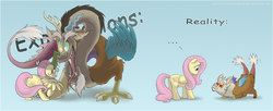 Size: 1700x695 | Tagged: safe, artist:celestiathegreatest, discord, fluttershy, draconequus, pegasus, pony, g4, ..., duo, expectation vs reality, fangs, floppy ears, open mouth, tail wag, tongue out