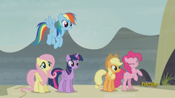 Size: 1600x897 | Tagged: safe, screencap, applejack, fluttershy, pinkie pie, rainbow dash, twilight sparkle, alicorn, pony, g4, the cutie map, female, mare, twilight sparkle (alicorn)