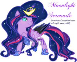 Size: 800x647 | Tagged: dead source, safe, artist:demiilia, oc, oc only, oc:moonlight serenade, alicorn, pony, alicorn oc, big mane, deviantart watermark, donut steel, horseshoes, magical lesbian spawn, obtrusive watermark, offspring, one eye closed, parent:nightmare moon, parent:twilight sparkle, parents:twimoon, raised hoof, simple background, solo, starry mane, transparent background, watermark