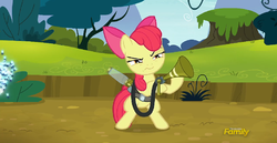 Size: 777x402 | Tagged: safe, screencap, apple bloom, twittermite, bloom & gloom, g4, season 5, bipedal, discovery family logo, game face, solo, twitbuster apple bloom