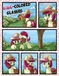 Size: 1932x2500 | Tagged: safe, artist:marble-soda, roseluck, comic:rose-colored glasses, g4, comic, flower, garden, ponytails, rose