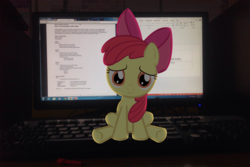 Size: 1620x1080 | Tagged: safe, artist:midnight-star234, apple bloom, g4, computer, dark, google chrome, homework, irl, keyboard, looking at you, microsoft windows, monitor, photo, ponies in real life, powerpoint, sad, solo, vector, windows 7