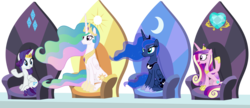 Size: 3020x1303 | Tagged: safe, artist:punzil504, princess cadance, princess celestia, princess luna, rarity, alicorn, pony, g4, alicorn thrones, alternate universe, concave belly, cutie mark, female, folded wings, horn, mare, princess rarity, race swap, raricorn, simple background, slender, thin, transparent background, vector, wings, wings down