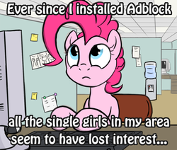 Size: 650x550 | Tagged: safe, artist:flavinbagel, pinkie pie, earth pony, pony, g4, adblock, chair, computer, cubicle, desk, exploitable meme, female, frown, keyboard, looking up, mare, meme, office pinkie, sitting, solo