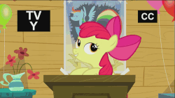 Size: 500x281 | Tagged: safe, screencap, apple bloom, bloom & gloom, g4, animated, balloon, discovery family, discovery family logo, female, letter, rainbow dash poster, solo