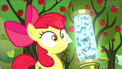 Size: 1920x1080 | Tagged: safe, screencap, apple bloom, earth pony, pony, twittermite, bloom & gloom, g4, my little pony: friendship is magic, apple tree, female, filly, pest control gear, solo, tree, wide eyes