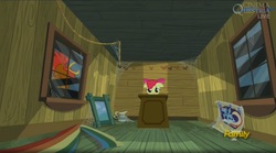 Size: 1663x924 | Tagged: safe, screencap, apple bloom, bloom & gloom, g4, abandoned, clubhouse, crusaders clubhouse, discovery family logo, female, floppy ears, frown, giant cock, rainbow dash poster, rooster, scared, solo, spider web