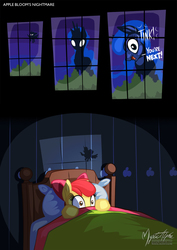 Size: 955x1351 | Tagged: safe, artist:mysticalpha, apple bloom, princess luna, bloom & gloom, g4, adoracreepy, against glass, bed, comic, creepy, cute, glowing eyes, night, open mouth, scared, scene parody, shadow, silhouette, smiling, that was fast, wide eyes, window