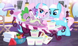 Size: 1400x842 | Tagged: safe, artist:pixelkitties, aloe, lotus blossom, spike, dragon, earth pony, pony, g4, female, gem, male, mirror, pampering, spa twins, spikelove, towel, trio