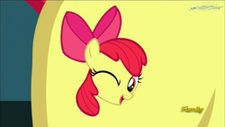 Size: 1920x1080 | Tagged: safe, screencap, apple bloom, bloom & gloom, g4, cutie mark, discovery family logo, female, solo, wink