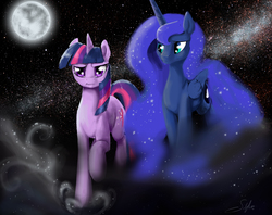 Size: 5021x3970 | Tagged: safe, artist:silfoe, princess luna, twilight sparkle, fanfic:within and without, g4, fanfic, fanfic art, female, lesbian, moon, ship:twiluna, shipping, space