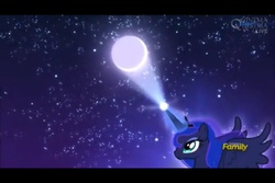 Size: 960x640 | Tagged: safe, screencap, princess luna, alicorn, pony, bloom & gloom, g4, season 5, discovery family, discovery family logo, dream walker luna, female, letterboxing, logo, mare, moon, moon work, solo