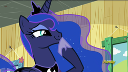 Size: 1920x1080 | Tagged: safe, screencap, princess luna, alicorn, pony, bloom & gloom, g4, amused, clubhouse, crusaders clubhouse, cute, dream walker luna, female, luna is amused, lunabetes, mare, raised hoof, smiling, smugluna, solo, when she smiles