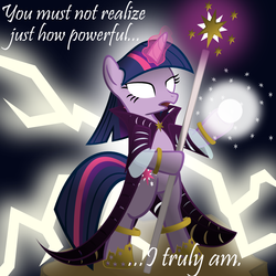 Size: 1111x1111 | Tagged: safe, artist:jrk08004, twilight sparkle, pony, g4, bipedal, clothes, female, glowing eyes, magic, solo, staff