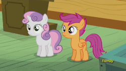 Size: 500x281 | Tagged: safe, screencap, apple bloom, princess luna, rainbow dash, scootaloo, sweetie belle, alicorn, earth pony, pegasus, pony, unicorn, bloom and gloom, animated, apple bloom's bow, balloon rainbow dash, blank flank, blinking, bow, clubhouse, crusaders clubhouse, cutie mark crusaders, discovery family, discovery family logo, dream, dream walker luna, eyes closed, female, filly, flapping, flapping wings, flying, foal, folded wings, gif, hair bow, looking at each other, looking at someone, looking up, lucid dreaming, mare, open mouth, poster, rainbow dash poster, scootaloo can fly, talking, window, wings