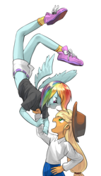 Size: 800x1401 | Tagged: safe, artist:quizia, applejack, rainbow dash, equestria girls, g4, backbend, flying, midriff, pegasus wings, simple background, transparent background, upside down, winged humanization