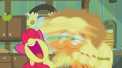 Size: 936x524 | Tagged: safe, screencap, apple bloom, applejack, bloom & gloom, g4, my little pony: friendship is magic, open mouth, shaking, volumetric mouth