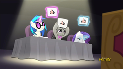 Size: 1920x1080 | Tagged: safe, edit, screencap, dj pon-3, octavia melody, rarity, vinyl scratch, bloom & gloom, g4, 3 noses, homestar runner, magic school bus, music judges meme, teen girl squad, vinyl and octavia are not impressed