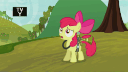 Size: 500x281 | Tagged: safe, screencap, apple bloom, twittermite, bloom & gloom, g4, animated, catapult nightmare, discovery family, discovery family logo, female, pest control gear, shock, solo, twitbuster apple bloom