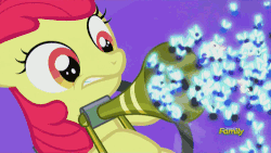 Size: 500x281 | Tagged: safe, screencap, apple bloom, earth pony, pony, twittermite, bloom & gloom, g4, season 5, animated, discovery family, discovery family logo, female, filly, foal, gif, pest control gear, solo, twitbuster apple bloom