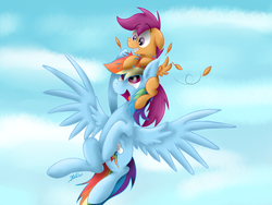 Size: 1024x768 | Tagged: safe, artist:hilis, rainbow dash, scootaloo, pegasus, pony, g4, acrophobia, cloud, day, feather, flying, flying lesson, ponies riding ponies, pony hat, riding, scared, scootahat, scootaloo riding rainbow dash, scootalove, sky