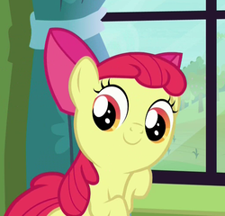 Size: 625x600 | Tagged: safe, screencap, apple bloom, earth pony, pony, bloom & gloom, g4, adorabloom, bow, cute, faic, female, filly, hair bow, looking back, raised hoof, smiling, solo