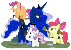 Size: 1000x700 | Tagged: safe, artist:dm29, apple bloom, princess luna, scootaloo, sweetie belle, alicorn, earth pony, pegasus, pony, unicorn, bloom & gloom, g4, apple bloom's bow, bow, buzzing wings, cutie mark crusaders, female, filly, foal, hair bow, i didn't listen, jewelry, mare, pest control gear, regalia, scootaloo can fly, simple background, transparent background, twitbuster apple bloom, wings