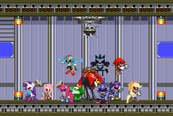 Size: 330x222 | Tagged: safe, artist:awsomewhooves, applejack, fluttershy, nightmare moon, pinkie pie, rainbow dash, rarity, twilight sparkle, robot, g4, crossover, doctor eggman, knuckles the echidna, male, mane six, metal knuckles, metal sonic, pixel art, sonic the hedgehog, sonic the hedgehog (series), wing fortress zone