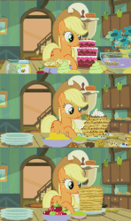 Size: 500x843 | Tagged: safe, edit, edited screencap, screencap, apple bloom, applejack, earth pony, fish, pony, bloom & gloom, g4, animated, apple, blanket, bowl, breakfast, cake, chocolate chips, cinnamon bun, comic, comparison, cupcake, discovery family, discovery family logo, dishes, dog biscuit, dream, duo, female, filly, flower, foal, food, honey, jar, lemon, mare, muffin, pancakes, punch (drink), punch bowl, recycled footage, screencap comic, sisters, smiling, whipped cream