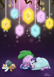 Size: 2480x3508 | Tagged: safe, artist:jodeonslow, prince blueblood, rarity, spike, tom, trenderhoof, twilight sparkle, castle sweet castle, g4, female, golden oaks chandelier, high res, male, plushie, rarity plushie, ship:sparity, shipping, sleeping, straight