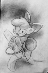 Size: 630x956 | Tagged: safe, artist:mozakiaeolus, apple bloom, bloom & gloom, g4, female, monochrome, pest control gear, solo, traditional art, twitbuster apple bloom