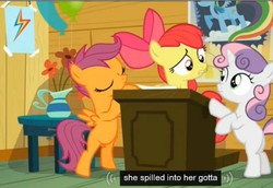 Size: 684x471 | Tagged: safe, screencap, apple bloom, rainbow dash, scootaloo, sweetie belle, bloom & gloom, g4, clubhouse, crusaders clubhouse, cutie mark crusaders, meme, rainbow dash poster, youtube caption