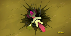 Size: 1359x697 | Tagged: safe, screencap, apple bloom, bloom & gloom, g4, burnt, female, pest control gear, shocked, solo, soot, twitbuster apple bloom