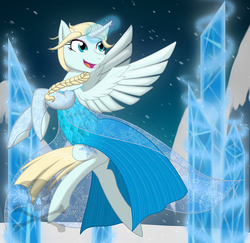 Size: 1000x971 | Tagged: safe, artist:evilfurryskull, alicorn, pony, clothes, dress, elsa, frozen (movie), ice, magic, open mouth, ponified, smiling, snow, snowfall, solo, spread wings