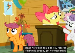 Size: 647x461 | Tagged: safe, screencap, apple bloom, scootaloo, sweetie belle, bloom & gloom, g4, cutie mark crusaders, meme, rainbow dash poster, youtube caption