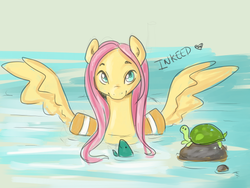 Size: 540x405 | Tagged: safe, artist:inkeed, fluttershy, fish, turtle, g4, cute, female, my little art challenge, shyabetes, solo, water, water wings